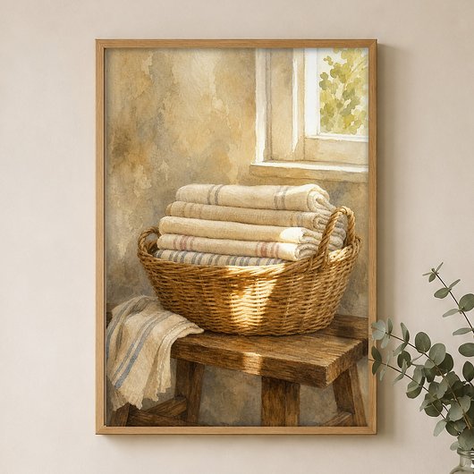 Affiche aquarelle Panier en osier avec linge