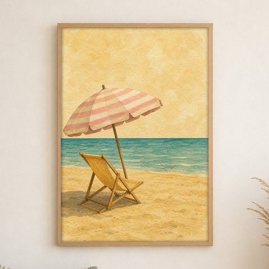 Affiche aquarelle parasol et chaise de plage