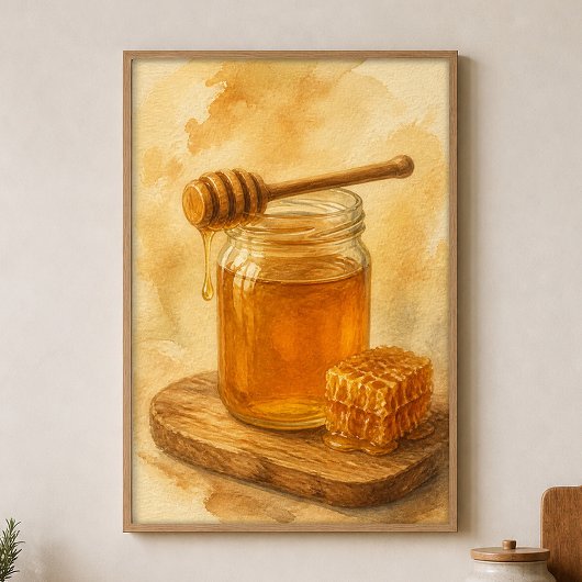 Affiche aquarelle Pot à miel et cuillère