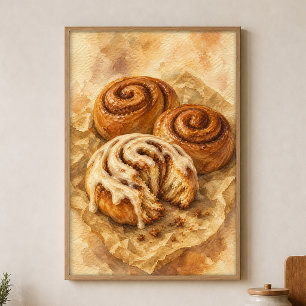 Affiche aquarelle Roulés à la cannelle sur papier