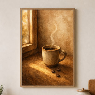Affiche aquarelle Tasse fumante près de la fenêtre