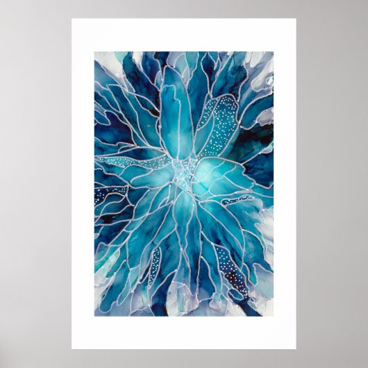 Affiche - Art à l'encre d'alcool Fleur Bleue Blanc (Devant)