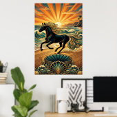 Affiche Art Déco Cheval Noir Vagues de Plage Couch (Bureau à domicile)