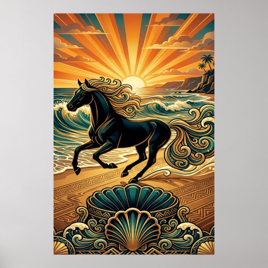 Affiche Art Déco Cheval Noir Vagues de Plage Couch (Devant)