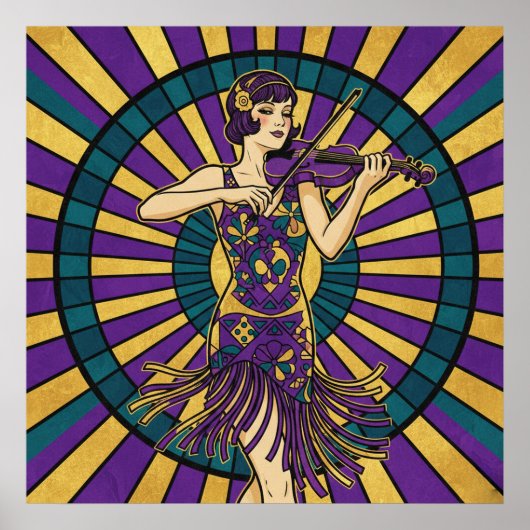 Affiche Art Déco de violoniste violet et or Flappe (Devant)