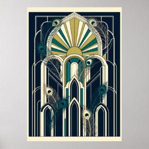 Affiche Art Déco plumes de paon sarcelle marine