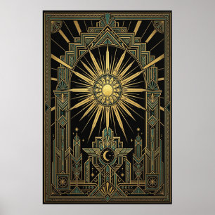 Affiche Art Déco Soleil et Lune Célestes Géométr