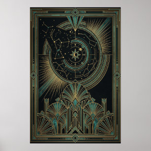 Affiche Astrolabe Céleste Art Déco Vert sarcelle