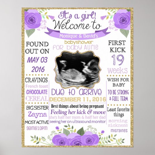 Affiche Babyshower Fleurs c'est une fille violet (Devant)