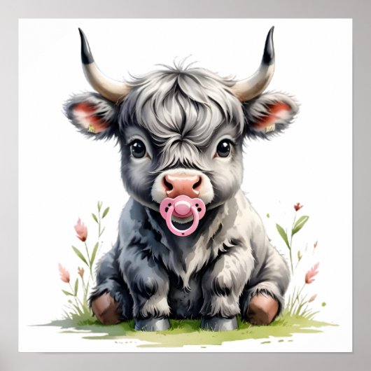 Affiche Bébé Vache Highland Fleurie Rose (Devant)