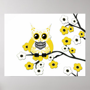 Affiche blanche jaune de hibou de fleurs de