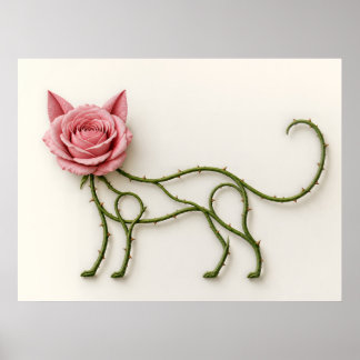 Affiche botanique de chat rose avec vigne épineuse