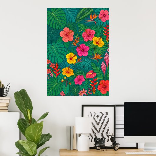 Affiche botanique florale tropicale | Mur coloré  (Bureau à domicile)