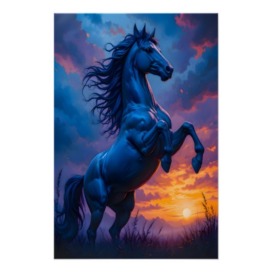 Affiche brillante Cheval Bleu Coucher de Soleil Fa (Devant)