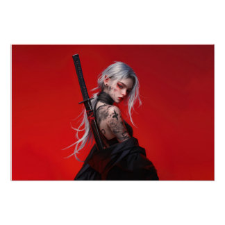 Affiche brillante d'anime guerrière au katana