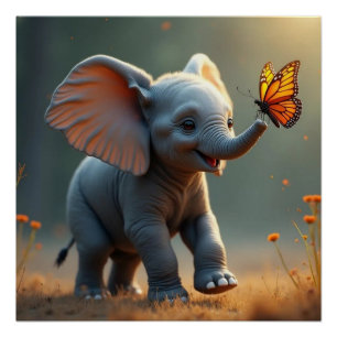 Affiche brillante éléphant bébé poursuivant un pap