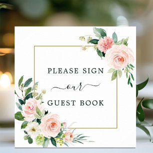Affiche carrée de livre d'or de mariage Fleurs ros