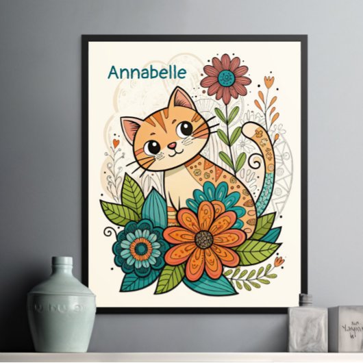 Affiche Chat Mignon avec Fleurs