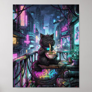 Affiche Chat Noir Cyberpunk Buvant un Ramen - Néon