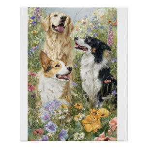 Affiche Chiens Dans Les Fleurs Sauvages