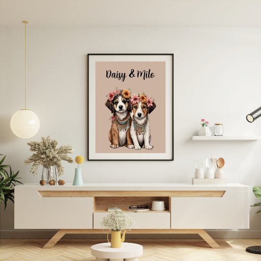 Affiche Chiots Boho avec Fleurs