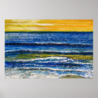 Affiche - Coucher de soleil et vagues marines
