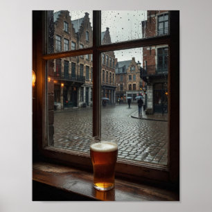 Affiche d'ambiance de fenêtre de taverne belge plu