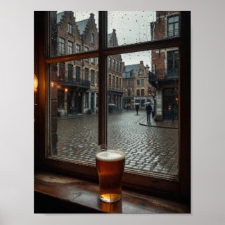 Affiche d'ambiance de fenêtre de taverne belge plu