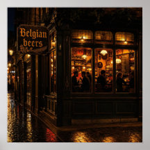 Affiche d'ambiance de pub belge une nuit pluvieuse