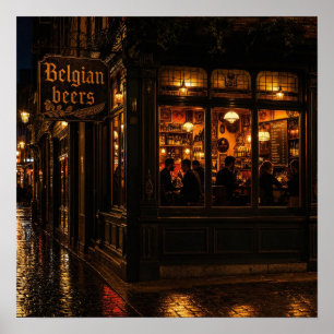 Affiche d'ambiance de pub belge une nuit pluvieuse