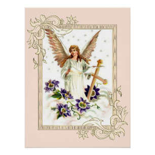 Affiche d'ange avec croix et fleurs de clématite