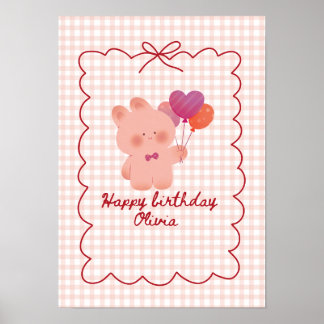 Affiche d'anniversaire d'ours en peluche rose