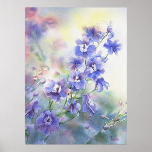 Affiche d'aquarelle de fleur de delphinium bleu