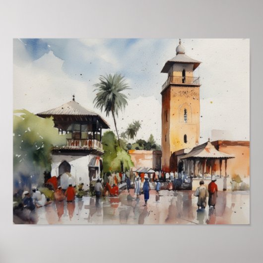 Affiche d'art à l'aquarelle de Marrakech Maroc (Devant)