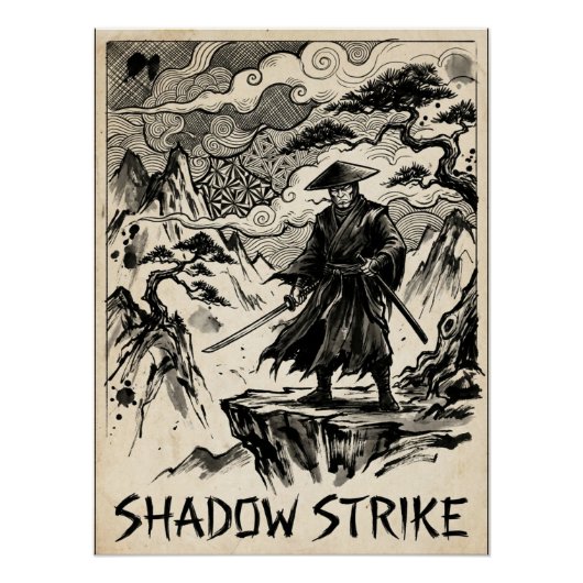 Affiche d'art à l'encre de samouraï Shadow Strike (Devant)