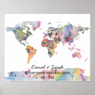 Affiche d'art abstrait carte du monde aquarelle