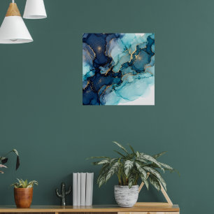 Affiche d'art abstrait fluide bleu sarcelle foncé