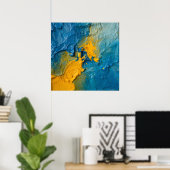 Affiche d'art abstrait impasto bleu et or gras | T (Bureau à domicile)