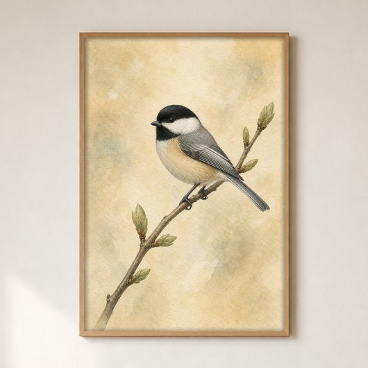 Affiche d'art aquarelle de cottage Chickadee