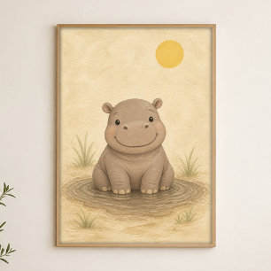 Affiche d'art aquarelle fantaisiste Bébé Hippopota