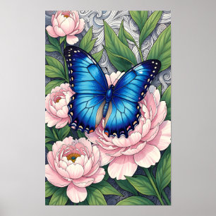 Affiche d'art botanique floral Papillon Morpho Ble