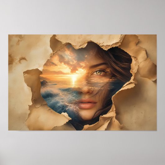 Affiche d'art Coucher de soleil sur l'océan à trav (Devant)