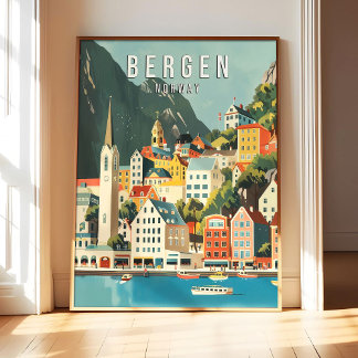 Affiche d'art de Bergen Norvège, ville rétro vinta