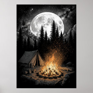 Affiche d'art de camping au mont sous la pleine lu
