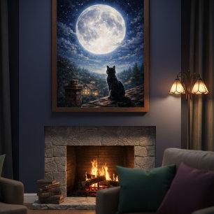 Affiche d'art de chat noir mystique sous la pleine