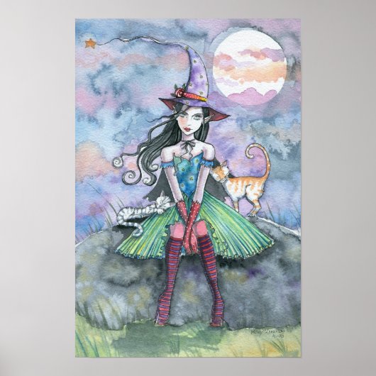 Affiche d'art de chat tigré sorcière lune (Devant)