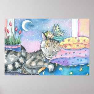 Affiche d'art de la fée fantaisiste et du chat tig