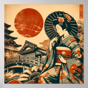 Affiche d'art de pagode rouge de geisha japonaise