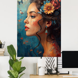 Affiche d'art de portrait de femme florale Papil