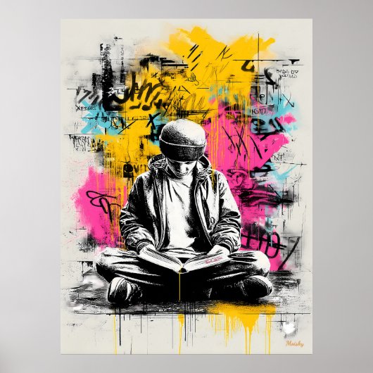 Affiche d'art de rue Graffiti – Garçon lisant Urba (Devant)